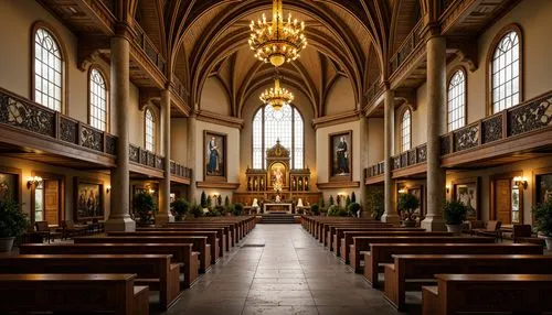 Vaulted ceilings, ornate chandeliers, grandiose altars, stained glass windows, intricately carved wooden pews, hallowed ambiance, sacred relics, golden domes, majestic archways, symmetrical layouts, d