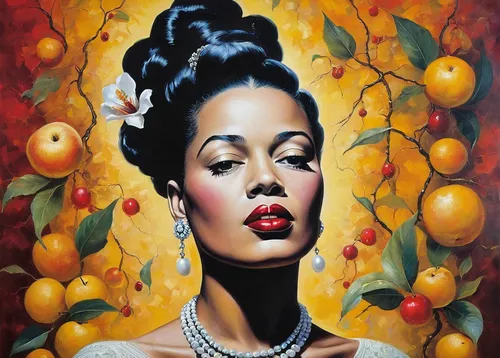 oil painting on canvas,lemon tree,woman eating apple,oil on canvas,sacred fig,orange tree,fruit of the sun,west indian jasmine,passion fruit,kumquats,oil painting,passionfruit,african american woman,kumquat,golden apple,passion-fruit,pear cognition,fruitful,oranges,african woman,Conceptual Art,Fantasy,Fantasy 29