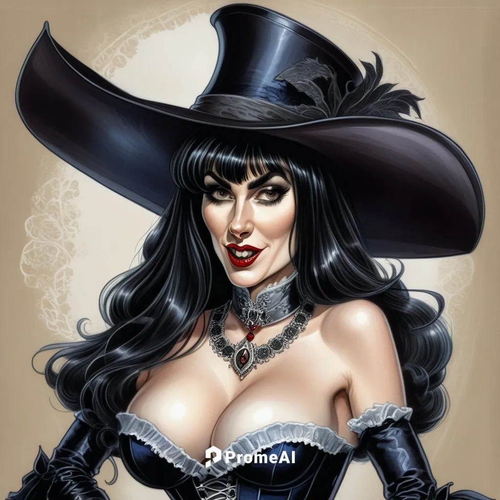 beautiful medieval caucasian vampire lady with bangs and long black hair dressed in corsete and hat,black hat,halloween witch,vampire woman,witch's hat icon,witch,witch hat,vampire lady,sorceress,hall