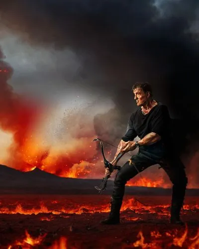 man in wide stance wearing black combat pants and combat boots, compound bow, burning land, fire everywhere on a wide plain, red clouded sky, Dante's inferno,lake of fire,fire background,deucalion,luc