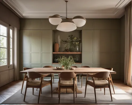 Cabinetry with Fine Furniture, painted in a natural earth tone colors, sets off a vintage dining table, paired with design chairs. The adjustable light and designed by architect and interior designer
