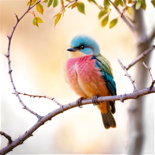 Small birds, adorable faces, fluffy feathers, colorful wings, tiny beaks, sparkling eyes, perched on branches, morning sunlight, soft focus, shallow depth of field, warm color tone, 3/4 composition, g