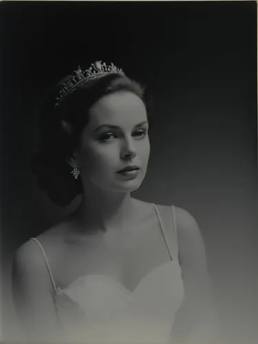 Portrait of a queen, technically optimal high-resolution contemporary black and white photographic art.,a woman wearing a tiara while standing in front of a black background,olivia de havilland,model 