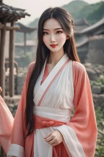 China during the Qin Empire, mountain village, piece of ripe watermelon, very beautiful charming young Chinese woman with very beautiful expressive eyes, beautiful thin lips, beautiful long hair, happ