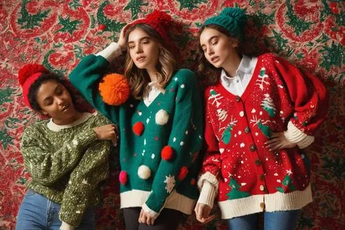 Ugly sweater, Christmas theme, festive colors, chunky yarn, oversized, sloppy fit, dropped shoulders, loose cuffs, frayed edges, pom-poms, glitter, awkward shape, bulky sleeves, mismatched buttons, lo