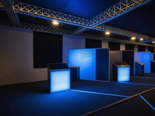 exhibition AI , high-tech , dark space , dark tunnel , lighting , digital screen , interior, gaming , digital pattern , video projector, liner light on floor, video mapping , blue 
floor : dark gray c