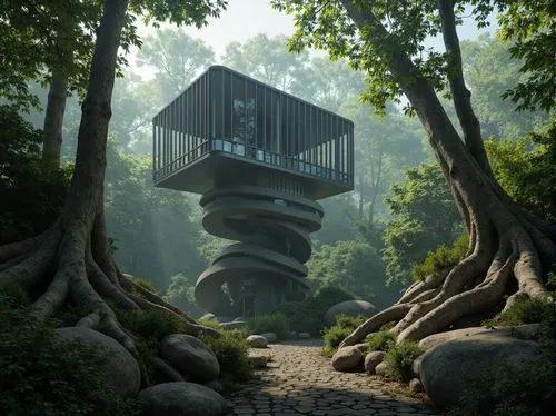 tree house,house in the forest,treehouse,forest house,tree house hotel,dojo,treehouses,3d render,adventure bridge,render,observation tower,cubic house,japanese zen garden,mushroom landscape,tree top path,3d rendering,3d rendered,dolmen,futuristic landscape,stilt house