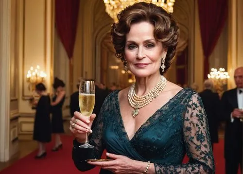 downton abbey,brazilian monarchy,british actress,meryl streep,a glass of champagne,gala,elizabeth ii,vesper,champagne flute,champagen flutes,a bottle of champagne,champagne stemware,cepora judith,female hollywood actress,evening dress,dame blanche,elegance,champagner,mary-gold,elizabeth taylor,Illustration,Retro,Retro 22