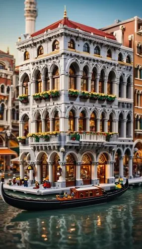 Venetian-style Lego building, intricate architecture, ornate bridges, colorful canal, water reflections, sunny afternoon, warm lighting, detailed textures, historic cityscape, grandeur staircase, arch