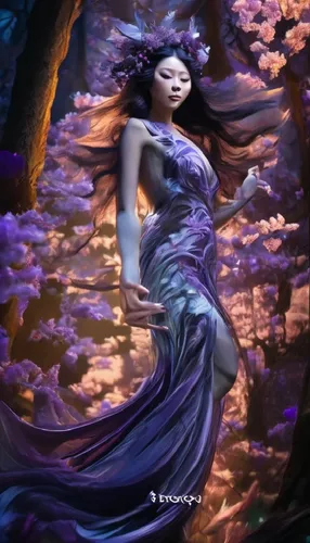 geshia with long black hair, purple gown, in a forest with lavendar blossoms, lilac, violts, feathers, windy,Violet,mermaid background,amphitrite,megara,blue enchantress,fantasy picture,sirena