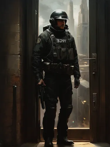 Write a suspenseful scene where a spy infiltrates a high-security building while disguised as a rocket salad delivery person.,swat,ballistic vest,vigil,fuze,policeman,mute,officer,security concept,mer