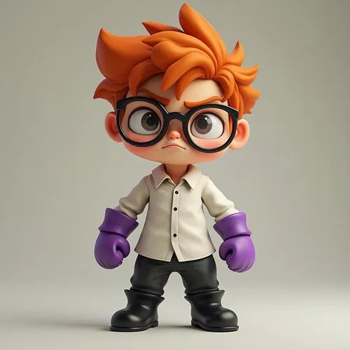 Grumpy young boy with short curly ginger hair and big round glasses in white long sleeve collar shirt with purple gloves in black pants and black boots,a little  with glasses and a suit,ruyigi,mineta,