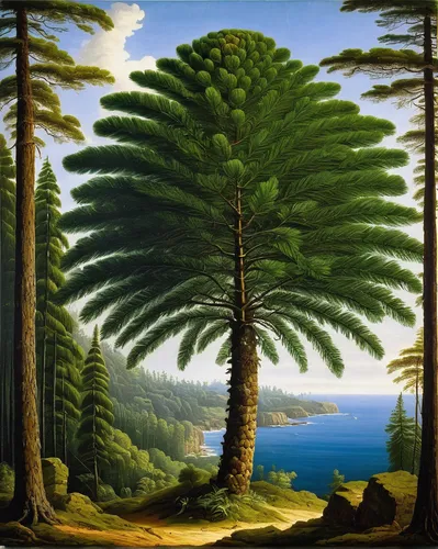 Write a poem about the majestic Norfolk Island Pine standing tall in a peaceful forest.,norfolk island pine,araucaria,spruce-fir forest,tropical and subtropical coniferous forests,temperate coniferous