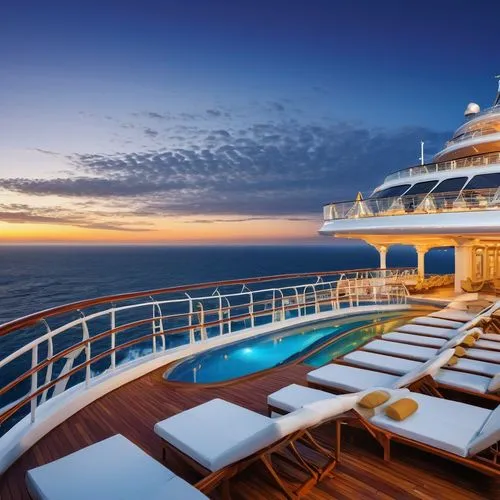 Luxurious cruise ship, majestic grandeur, white sleek hull, towering mast, intricate bridge, spacious deck, lavish pool area, comfortable lounge chairs, vibrant beach umbrellas, gleaming metal railing