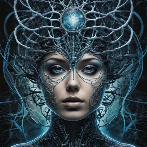 biomechanical,telepath,cyberia,medusa,leota,precognition,vril,cyborg,aeterna,head woman,blue enchantress,eletrica,sci fiction illustration,matriarchal,gemini,transhuman,oracular,echo,priestess,telepaths,Conceptual Art,Fantasy,Fantasy 34