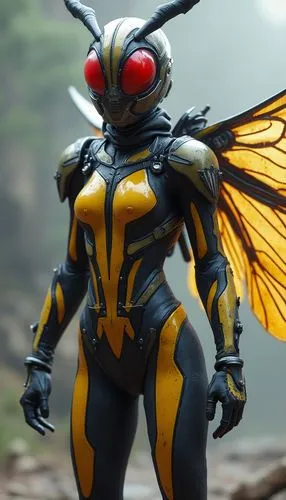 
3d realistic character of a Black and yellow striped suit with transparent wings for flight. Arm-mounted stingers that can pierce most materials. Helmet with large red eyes and antennae.,an insect li