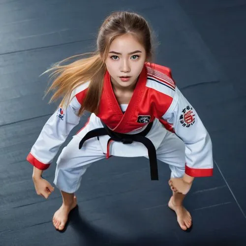 realistic beautiful girl, oval face shape, gold long hair, s-shape eyebrow, wide set eyes, green eyes, heavy lower  lips, triangle body shape, (full body show), masterpiece., wearing Taekwondo suit, o