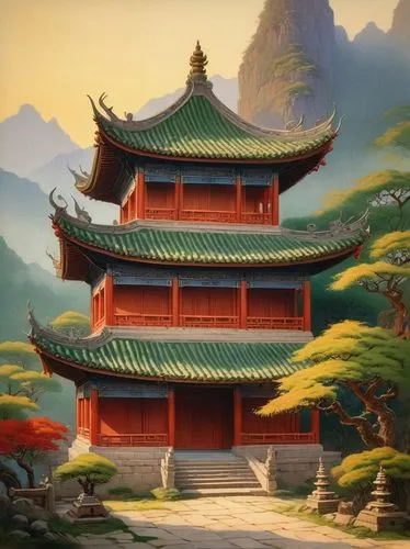 asian architecture,oriental painting,hall of supreme harmony,teahouses,the golden pavilion,buddhist temple,golden pavilion,yunnan,taoist,tianxia,oriental,wudang,qingcheng,teahouse,dongbuyeo,dojo,hanging temple,rongfeng,jinchuan,world digital painting,Illustration,Retro,Retro 17