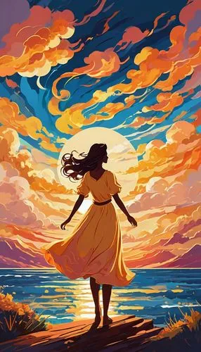 little girl in wind,the wind from the sea,digital painting,digital illustration,orange sky,windy,world digital painting,winds,digital art,woman silhouette,mermaid silhouette,wind,beautiful wallpaper,sunset glow,warm colors,moana,silhouette art,yellow sky,ocean,windswept,Illustration,Japanese style,Japanese Style 06