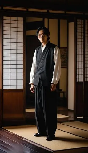 Dazai Osamu, Japanese novelist, 1920s attire, bespectacled, slicked back black hair, intellectual face, holding a fountain pen, wearing a white shirt with a high collar, dark brown vest, formal black 