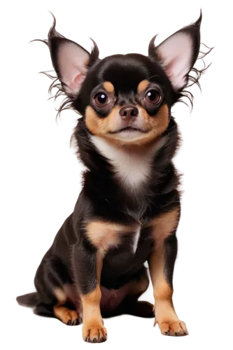 small black and brown Chihuahua, standing, curly fur, big round eyes, floppy ears, short snout, pink nose, white paws, sitting on floor, realistic, shallow depth of field, warm lighting, 3/4 compositi