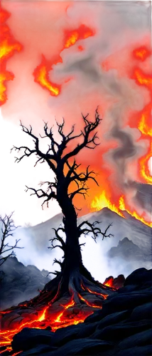 scorched earth,burning tree trunk,burnt tree,volcanic field,burning bush,volcanic landscape,burned land,lava,fire background,burning earth,forest fire,volcanic,fire mountain,firethorn,lake of fire,fire land,lava plain,eruption,fire planet,blood maple,Illustration,Realistic Fantasy,Realistic Fantasy 22