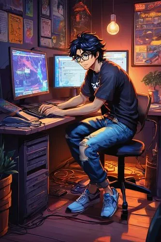 man with a computer,gamer zone,2d,computer freak,gamer,night administrator,game illustration,computer addiction,computer,freelancer,working space,coder,world digital painting,animator,cyberpunk,blue-collar worker,desk,illustrator,in a working environment,engineer,Unique,Pixel,Pixel 05