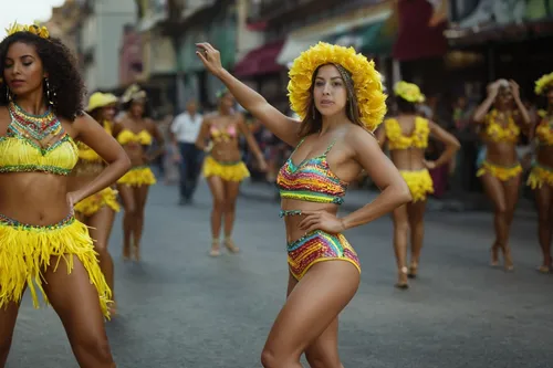 she is wearing a colorful two piece swimsuit style outfit for samba dance, she is dancing on the street with nother samba performers,brazil carnival,olodum,samba,carnival,samba deluxe,hula,jamaica,neo