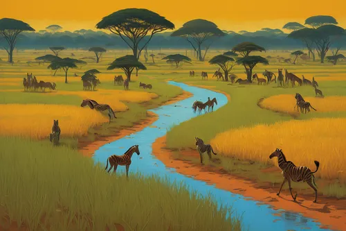 Embark on a thrilling adventure through the Togolese savannah alongside a virtual companion.,serengeti,animal migration,altiplano,africa,savanna,antelopes,east africa,hartebeest,dromedaries,desert lan