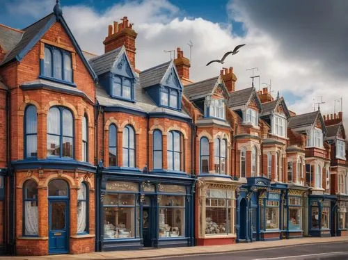 Hartlepool seaside town, British architectural style, Victorian-era inspired buildings, red-brick facade, ornate stonework, steeply pitched roofs, dormer windows, turrets, archways, maritime-themed de