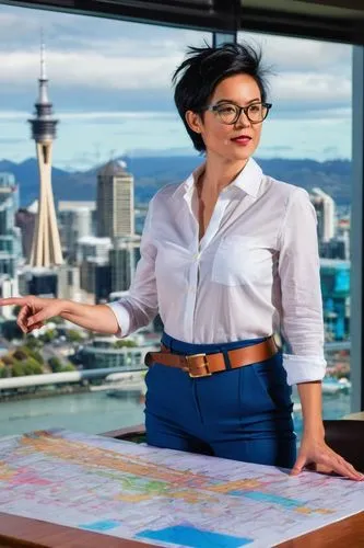 Modern architectural designer, standing, confident pose, stylish glasses, short black hair, minimal makeup, white shirt, dark blue trousers, brown leather belt, holding a large blueprint, pointing at 