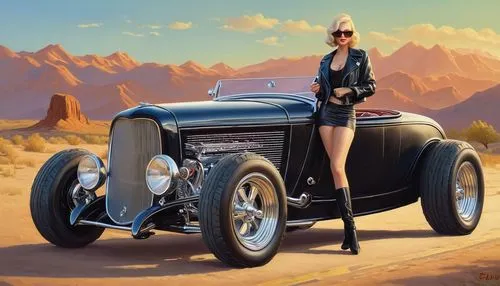 1932-ford-custom-zz-top-eliminatorو woman, oval face, blond, sharp  eyebrow, almond eyes, blue eyes, wide lips, triangle body shape,  wearing black leather jacket (open chest) and short leather leggin