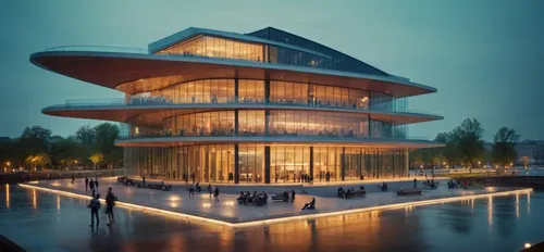 a modern concert hall building, glazing, people have fun at public square, water front, ,futuristic art museum,autostadt wolfsburg,futuristic architecture,modern architecture,3d rendering,archidaily,b