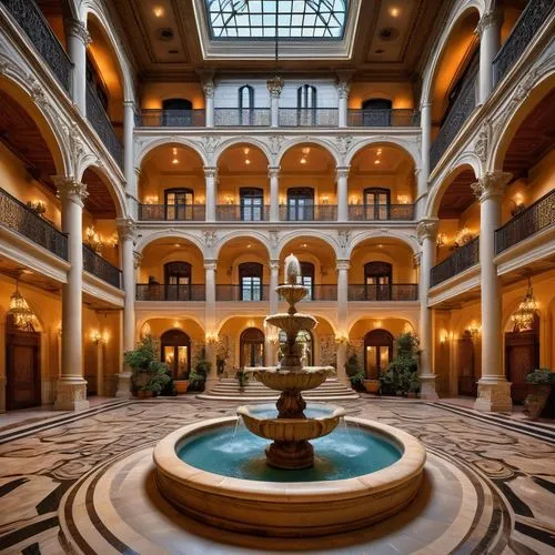 atrium,atriums,inside courtyard,floor fountain,nemacolin,venetian hotel,banff springs hotel,courtyard,courtyards,kempinski,montecasino,hotel hall,leterme,hotel lobby,driskill,paradores,gaylord palms hotel,emirates palace hotel,luxury hotel,spa water fountain,Illustration,Realistic Fantasy,Realistic Fantasy 22