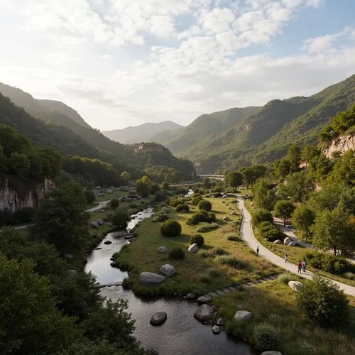 Scenic regional landscape, rolling hills, meandering rivers, lush green forests, historic site integration, rustic stone walls, earthy tones, natural materials, curved lines, organic shapes, seamless 