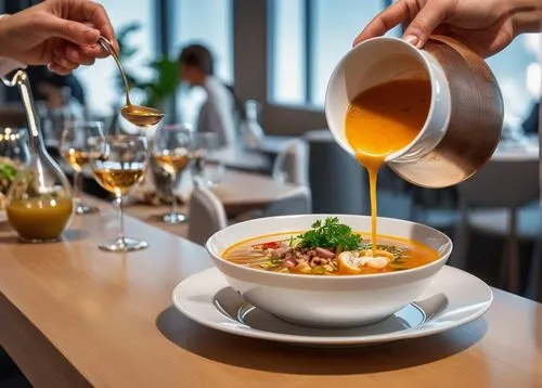 Person pouring soup over a gourmet dish in a modern dining setting
,consommé cup,laksa,tom yum kung,khao soi,consommé,pasta e fagioli,chinese sour spicy soup,hot and sour soup,velouté sauce,sopa de mo