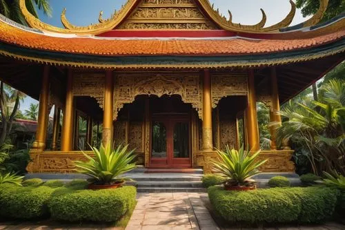 Intricate Thai architectural designs, golden stupas, ornate temples, vibrant colors, intricate carvings, detailed sculptures, Buddhist motifs, pointed arches, grand entrance gates, tiered roofs, color