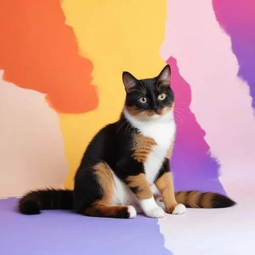 image sits on colorful bckground,cat sitting on purple and yellow background with colorful painted wall,cat on a blue background,calico cat,pink background,calico,cat vector,purple background