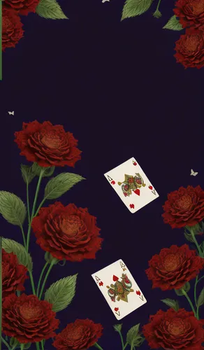 Realistic flowers at bottom, queen of hearts card falling from top,roses pattern,floral mockup,solitaire,playing card,playing cards,flowers pattern,deck of cards,falling flowers,retro flowers,royal fl