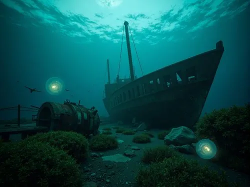 Mysterious underwater scene, dark cyan hues, eerie bioluminescent creatures, glowing jellyfish, abandoned shipwreck, rusty metal debris, seaweed-covered rocks, misty ocean atmosphere, soft blue-green 