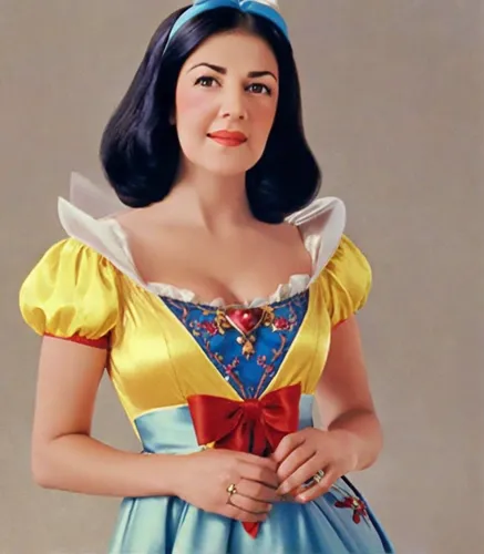 Princess (Snow White: 1.3) from Disney movie Snow White and the Seven Dwarfs, wears a classic princess gown that is colored in shades of blue and yellow. dark hair and typically styled in a bob with a