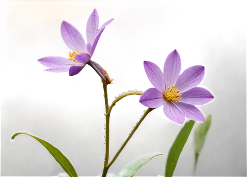 Delicate, vibrant purple petals, five-petaled flower, yellow center, soft focus, natural light, gentle dew drops, slender stem, green leaves, subtle gradient background, close-up shot, shallow depth o