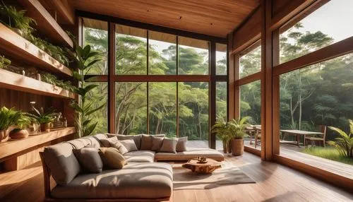 sunroom,wooden windows,bamboo curtain,forest house,living room,wood window,bamboo plants,livingroom,tropical house,timber house,modern living room,interior modern design,sitting room,beautiful home,verandah,green living,wooden house,conservatories,tree house,cubic house,Unique,3D,Toy