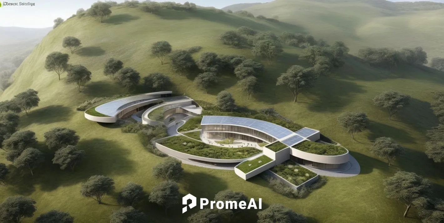 a large green house in the middle of a grassy hill,3d rendering,school design,futuristic landscape,solar cell base,snohetta,bjarke,Unique,Design,Infographics