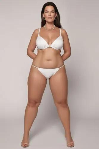 a full-figured woman with smooth and pale skin. she has very large and sagging breasts. she has thick thighs. she has pot belly. she has big ass. she's wearing a Brazilian cut g-string bikini. she is 