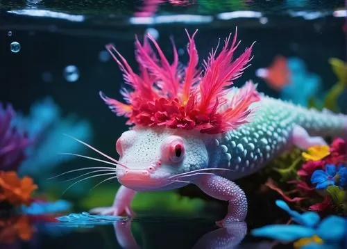 cute axolotl, aquatic animal, solo, Mexico, Xochimilco, colorful feathers, flower crown, transparent aquarium, water plants, bubbles rising, warm lighting, shallow depth of field, macro shot, high-key