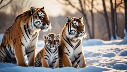 Siberian tiger couple together with their cubs, in the snow, beautiful blue sky, realistic - cinematic and realistic style, photography.,winter animals,tigers,big cats,siberian tiger,wild animals,wild