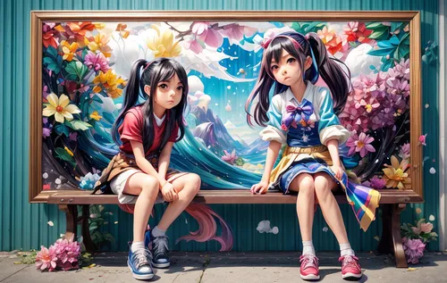 mural,flower painting,street artists,two girls,anime japanese clothing,graffiti,murals,japanese floral background,anime 3d,flower stand,shirakami-sanchi,floral frame,artists,sakura florals,art paintin