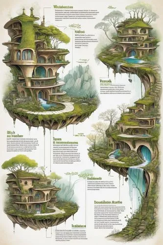 ecovillages,asian architecture,treehouses,ecotopia,biomes,terraformed,longhouses,ecovillage,earthship,floating islands,tulou,habitations,tree house hotel,permaculture,arcology,tree house,dwellings,fallingwater,seasteading,yinzhen,Unique,Design,Infographics