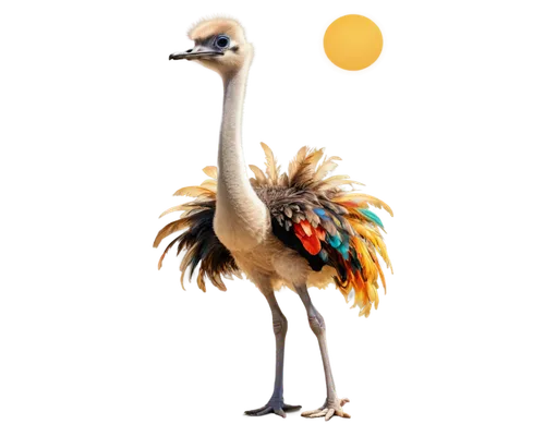 Ostrich, colorful plumage, vibrant feathers, long neck, big eyes, soft beak, standing, one leg bent, relaxed posture, fluffy tail, bright sun lighting, shallow depth of field, warm color tone, cinemat